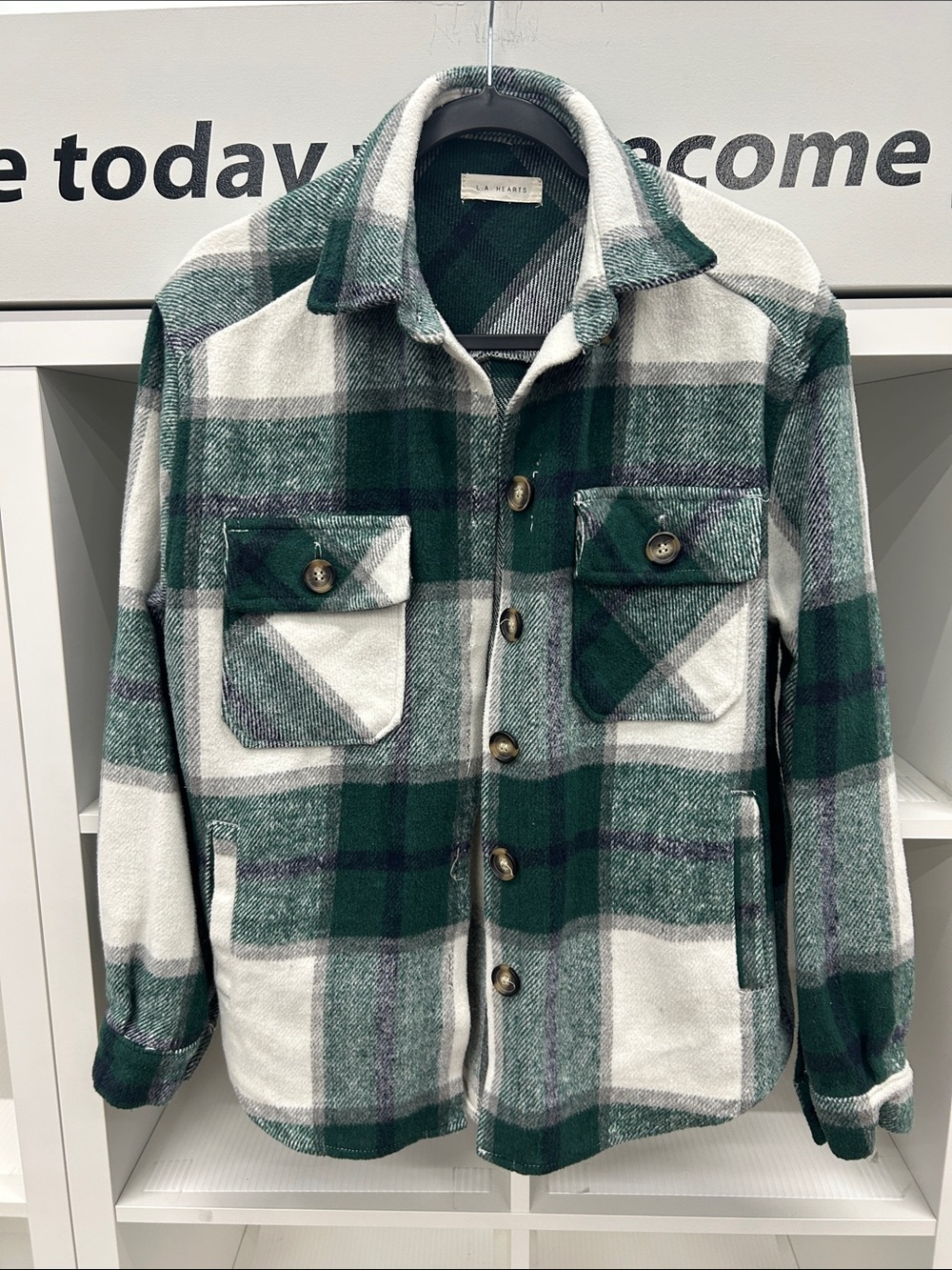 La Hearts Green White Plaid Button-Up Shacket